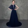 Modern / Fashion Royal Blue Evening Dresses  Detachable With Shawl 2018 A-Line / Princess See-through Scoop Neck Sleeveless Beading Court Train Ruffle Formal Dresses