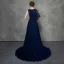 Moderne / Mode Bleu Roi Robe De Soirée Détachable Avec Châle 2018 Princesse Transparentes Encolure Dégagée Sans Manches Perlage Tribunal Train Volants Robe De Ceremonie