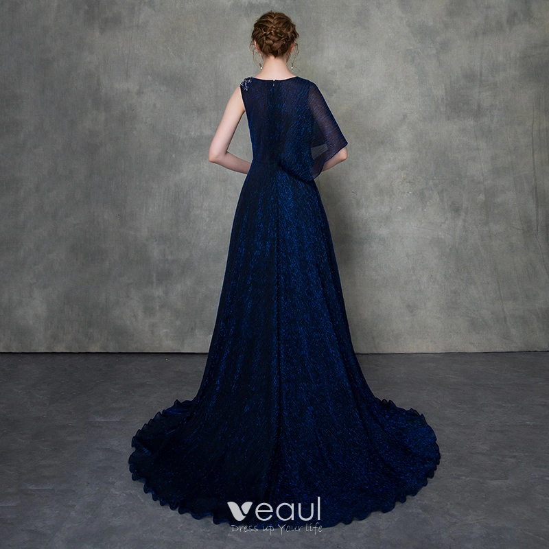 Modern / Fashion Royal Blue Evening Dresses Detachable With Shawl 2018 A-Line / Princess See-through Scoop Neck Sleeveless Beading Court Train Ruffle