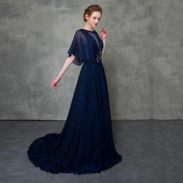 Moderne / Mode Bleu Roi Robe De Soirée Détachable Avec Châle 2018 Princesse Transparentes Encolure Dégagée Sans Manches Perlage Tribunal Train Volants Robe De Ceremonie