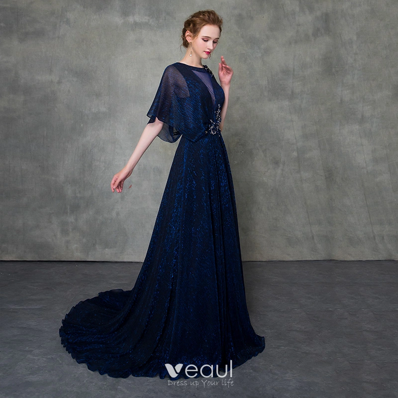 Modern / Fashion Royal Blue Evening Dresses Detachable With Shawl 2018 A-Line / Princess See-through Scoop Neck Sleeveless Beading Court Train Ruffle