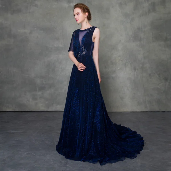 Moderne / Mode Bleu Roi Robe De Soirée Détachable Avec Châle 2018 Princesse Transparentes Encolure Dégagée Sans Manches Perlage Tribunal Train Volants Robe De Ceremonie