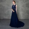 Modern / Fashion Royal Blue Evening Dresses  Detachable With Shawl 2018 A-Line / Princess See-through Scoop Neck Sleeveless Beading Court Train Ruffle Formal Dresses