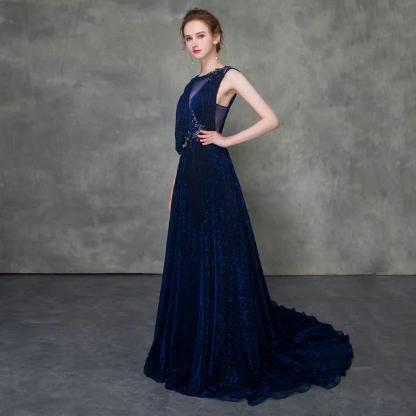 Moderne / Mode Bleu Roi Robe De Soirée Détachable Avec Châle 2018 Princesse Transparentes Encolure Dégagée Sans Manches Perlage Tribunal Train Volants Robe De Ceremonie