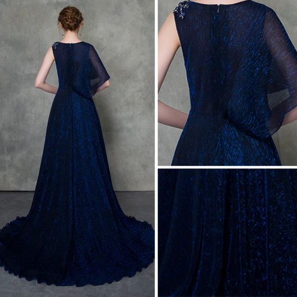 Moderne / Mode Bleu Roi Robe De Soirée Détachable Avec Châle 2018 Princesse Transparentes Encolure Dégagée Sans Manches Perlage Tribunal Train Volants Robe De Ceremonie