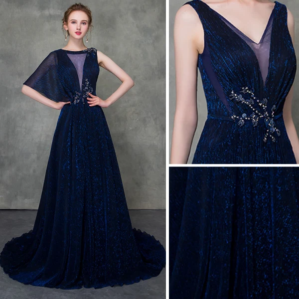 Moderne / Mode Bleu Roi Robe De Soirée Détachable Avec Châle 2018 Princesse Transparentes Encolure Dégagée Sans Manches Perlage Tribunal Train Volants Robe De Ceremonie