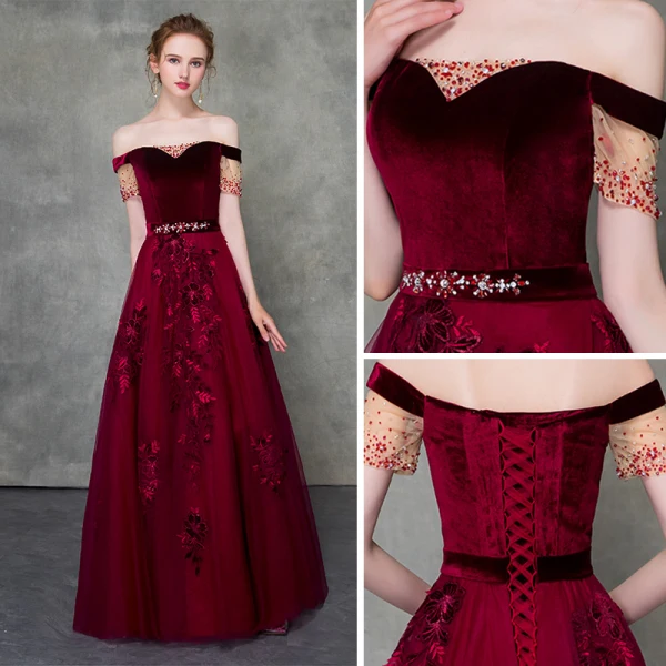 Vintage / Originale Bordeaux Robe De Bal 2018 Princesse De l'épaule Manches Courtes Appliques En Dentelle Perlage Ceinture Longue Volants Dos Nu Robe De Ceremonie
