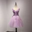 Chic / Beautiful Lilac Homecoming Graduation Dresses 2017 Ball Gown V-Neck Sleeveless Appliques Flower Beading Rhinestone Short Ruffle Backless Formal Dresses