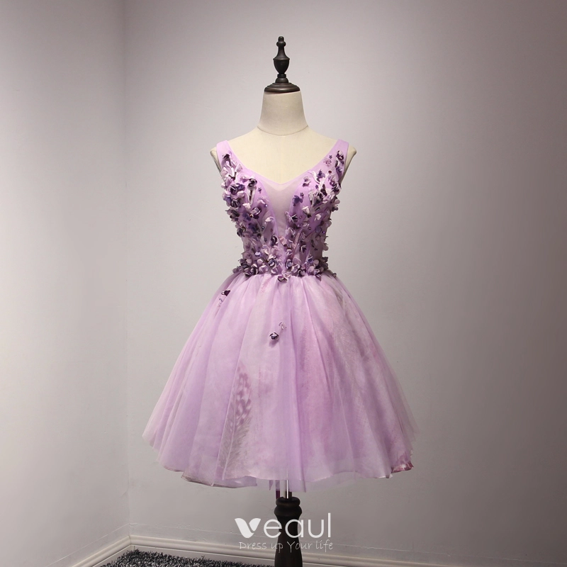 Chic / Beautiful Lilac Homecoming Graduation Dresses 2017 Ball Gown V-Neck Sleeveless Appliques Flower Beading Rhinestone Short Ruffle Backless Formal Chic / Beautiful Lilac Homecoming Graduation Dresses 2017 Ball Gown V-Neck Sleeveless Appliques Flower Beading Rhinestone Short Ruffle Backless Formal