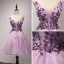 Chic / Beautiful Lilac Homecoming Graduation Dresses 2017 Ball Gown V-Neck Sleeveless Appliques Flower Beading Rhinestone Short Ruffle Backless Formal Dresses