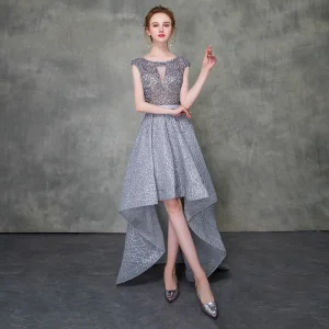 Illusion Grey Cocktail Dresses 2018 A Line Princess Scoop Neck Sleeveless Sash Beading Asymmetrical Ruffle Formal Dresses