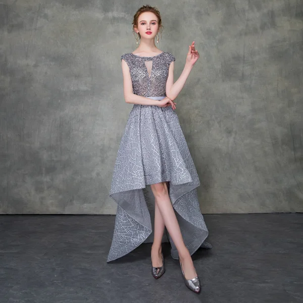 Illusie Grijs Cocktailjurken 2018 A lijn Ronde Hals Mouwloos Gordel Kralen Asymmetrisch Ruche Gelegenheid Jurken