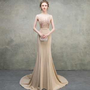 Luxury Gorgeous Khaki Evening Dresses 2018 Trumpet Mermaid Scoop Neck Sleeveless Appliques Lace Beading Bow Sash Court Train Ruffle Backless Formal Dresses