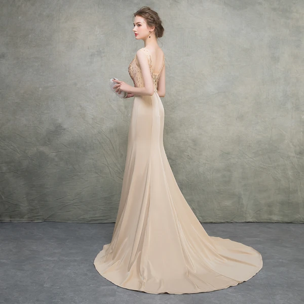 Luxury / Gorgeous Khaki Evening Dresses  2018 Trumpet / Mermaid Scoop Neck Sleeveless Appliques Lace Beading Bow Sash Court Train Ruffle Backless Formal Dresses