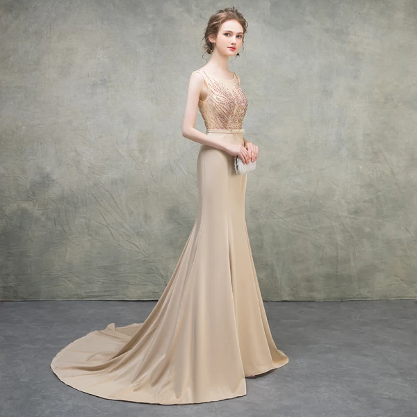 Luxury / Gorgeous Khaki Evening Dresses  2018 Trumpet / Mermaid Scoop Neck Sleeveless Appliques Lace Beading Bow Sash Court Train Ruffle Backless Formal Dresses