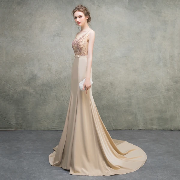Luxury / Gorgeous Khaki Evening Dresses  2018 Trumpet / Mermaid Scoop Neck Sleeveless Appliques Lace Beading Bow Sash Court Train Ruffle Backless Formal Dresses