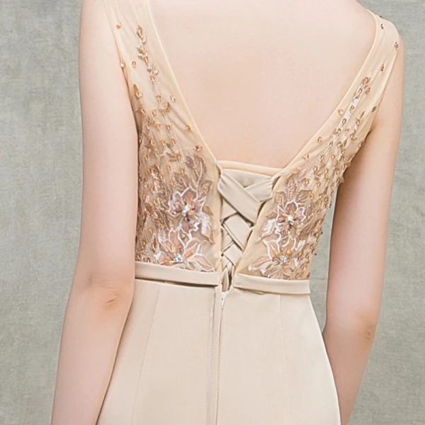 Luxury / Gorgeous Khaki Evening Dresses  2018 Trumpet / Mermaid Scoop Neck Sleeveless Appliques Lace Beading Bow Sash Court Train Ruffle Backless Formal Dresses
