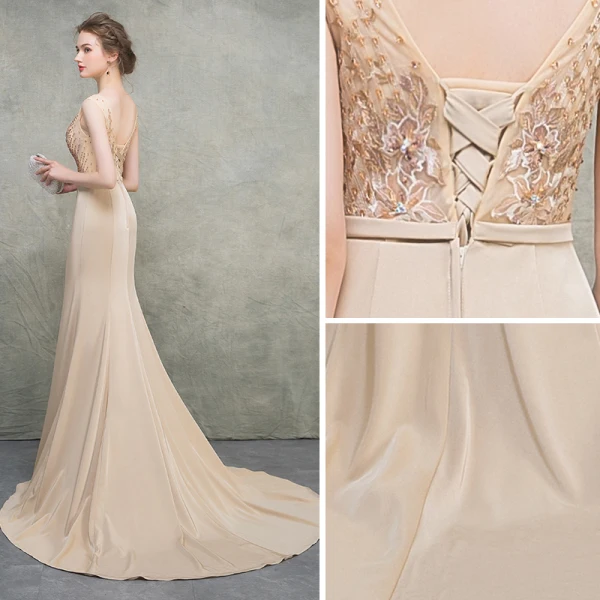 Luxury / Gorgeous Khaki Evening Dresses  2018 Trumpet / Mermaid Scoop Neck Sleeveless Appliques Lace Beading Bow Sash Court Train Ruffle Backless Formal Dresses