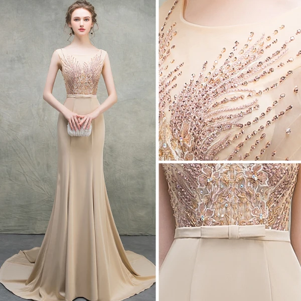 Luxury / Gorgeous Khaki Evening Dresses  2018 Trumpet / Mermaid Scoop Neck Sleeveless Appliques Lace Beading Bow Sash Court Train Ruffle Backless Formal Dresses