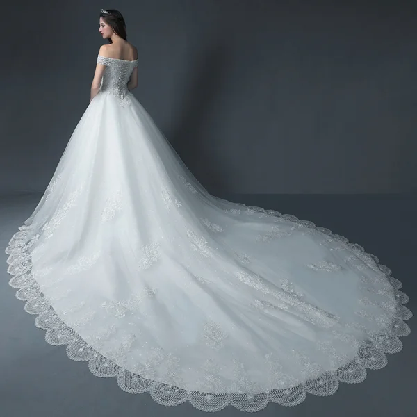 Luxury / Gorgeous White Wedding Dresses 2018 A-Line / Princess Off-The-Shoulder Short Sleeve Backless Appliques Lace Beading Glitter Tulle Ruffle Cathedral Train