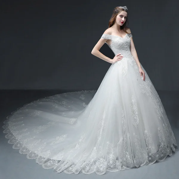 Luxury / Gorgeous White Wedding Dresses 2018 A-Line / Princess Off-The-Shoulder Short Sleeve Backless Appliques Lace Beading Glitter Tulle Ruffle Cathedral Train