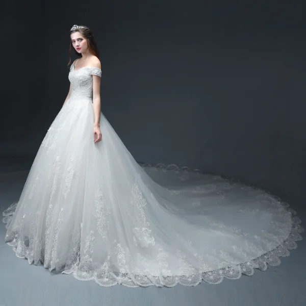 Luxury / Gorgeous White Wedding Dresses 2018 A-Line / Princess Off-The-Shoulder Short Sleeve Backless Appliques Lace Beading Glitter Tulle Ruffle Cathedral Train