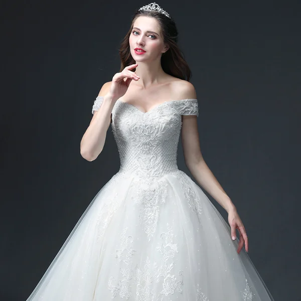 Luxury / Gorgeous White Wedding Dresses 2018 A-Line / Princess Off-The-Shoulder Short Sleeve Backless Appliques Lace Beading Glitter Tulle Ruffle Cathedral Train