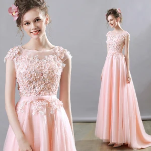 Blomsterfe Perle Rosa Selskapskjoler 2018 Prinsesse Firkantet Hals Hette Ermer Appliques Blomst Beading Sløyfe Sash Feie Tog Buste Ryggløse Formelle Kjoler