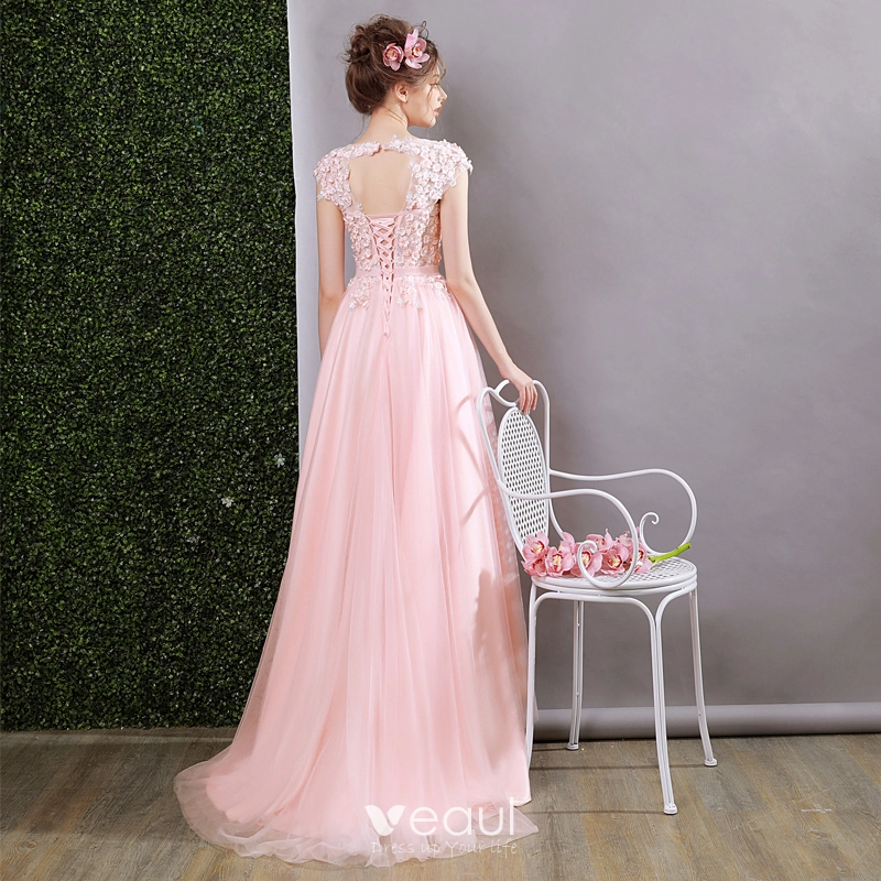 Flower Fairy Pearl Pink Evening Dresses 2018 A-Line / Princess Square  Neckline Cap Sleeves Appliques Flower Beading Bow Sash Sweep Train Ruffle  Backless Formal Dresses