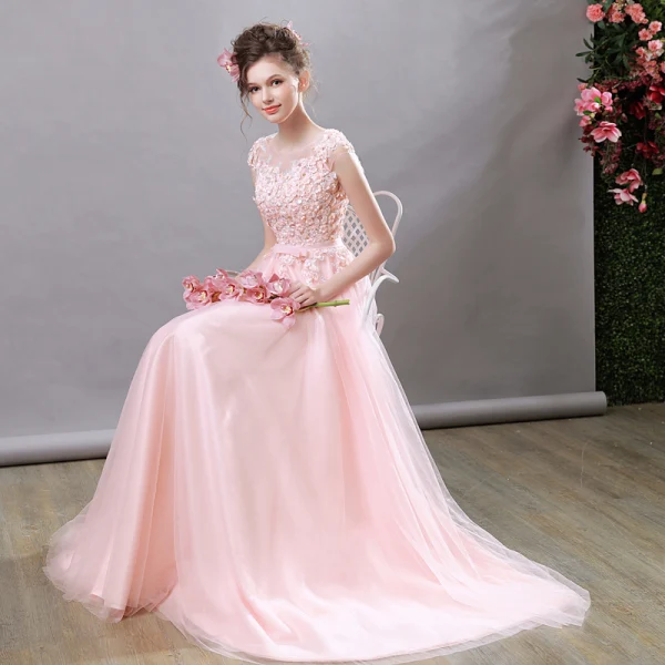 Flower Fairy Pearl Pink Evening Dresses 2018 A-Line / Princess Square Neckline Cap Sleeves Appliques Flower Beading Bow Sash Sweep Train Ruffle Backless Formal Dresses