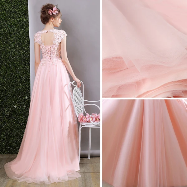 Flower Fairy Pearl Pink Evening Dresses 2018 A-Line / Princess Square Neckline Cap Sleeves Appliques Flower Beading Bow Sash Sweep Train Ruffle Backless Formal Dresses