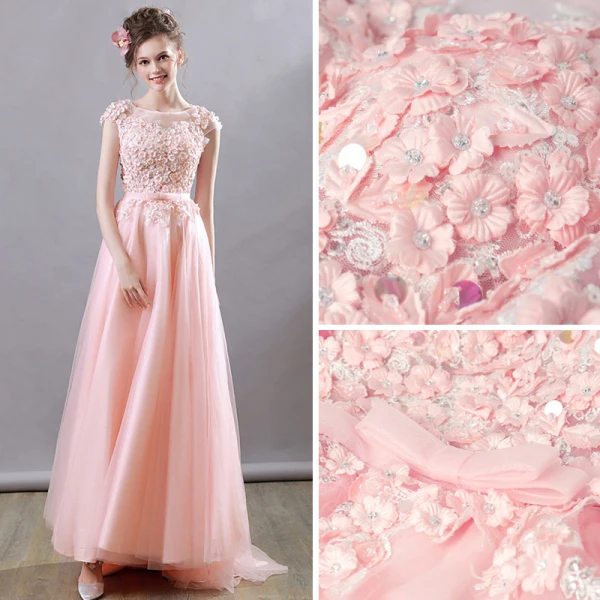 Flower Fairy Pearl Pink Evening Dresses 2018 A-Line / Princess Square Neckline Cap Sleeves Appliques Flower Beading Bow Sash Sweep Train Ruffle Backless Formal Dresses