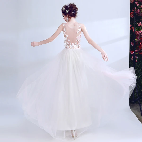 Modern / Fashion Blushing Pink See-through Summer Evening Dresses  2018 A-Line / Princess Scoop Neck Sleeveless Appliques Butterfly Floor-Length / Long Ruffle Formal Dresses