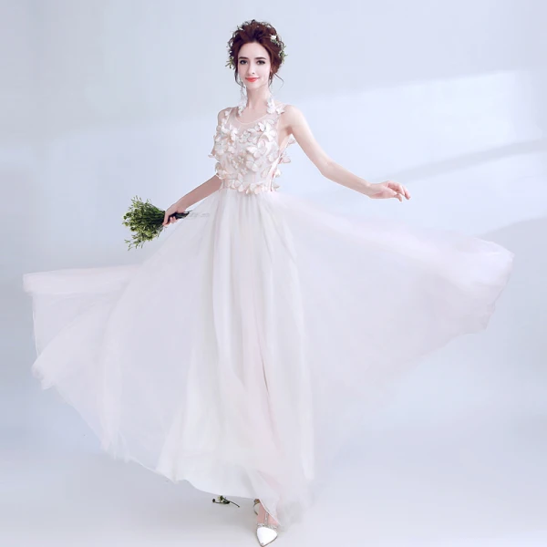 Modern / Fashion Blushing Pink See-through Summer Evening Dresses  2018 A-Line / Princess Scoop Neck Sleeveless Appliques Butterfly Floor-Length / Long Ruffle Formal Dresses