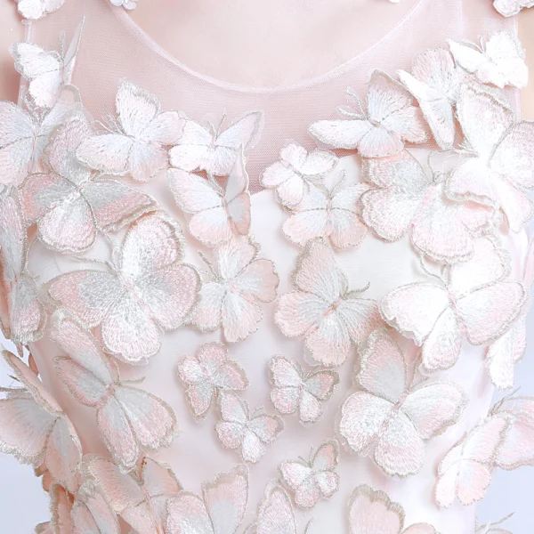 Modern / Fashion Blushing Pink See-through Summer Evening Dresses  2018 A-Line / Princess Scoop Neck Sleeveless Appliques Butterfly Floor-Length / Long Ruffle Formal Dresses