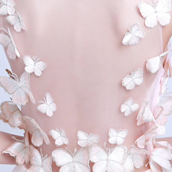 Modern / Fashion Blushing Pink See-through Summer Evening Dresses  2018 A-Line / Princess Scoop Neck Sleeveless Appliques Butterfly Floor-Length / Long Ruffle Formal Dresses