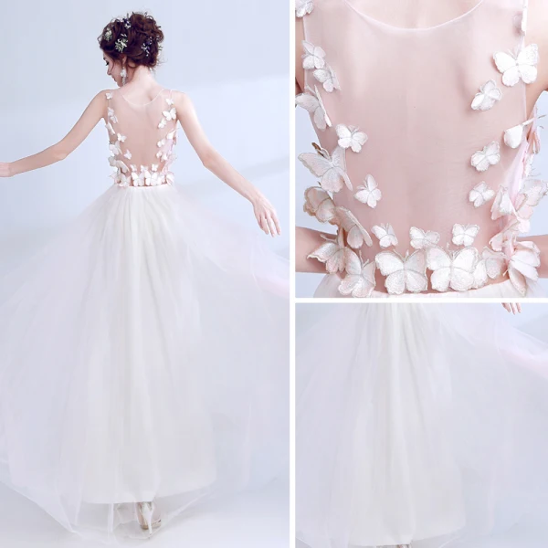 Modern / Fashion Blushing Pink See-through Summer Evening Dresses  2018 A-Line / Princess Scoop Neck Sleeveless Appliques Butterfly Floor-Length / Long Ruffle Formal Dresses