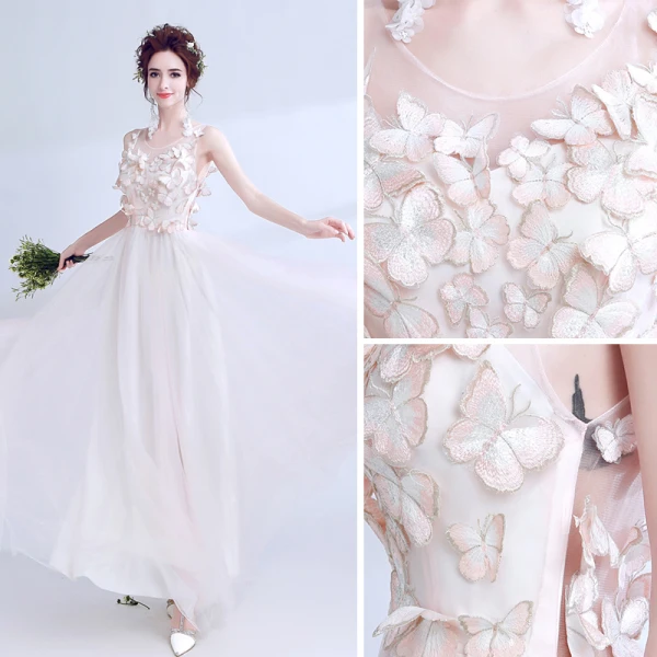 Modern / Fashion Blushing Pink See-through Summer Evening Dresses  2018 A-Line / Princess Scoop Neck Sleeveless Appliques Butterfly Floor-Length / Long Ruffle Formal Dresses