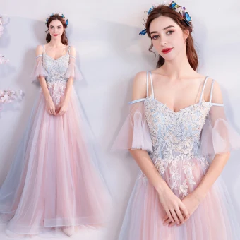 Élégant Bleu Ciel Perle Rose Robe De Soirée 2018 Princesse Bretelles Spaghetti Bustier 1 2 Manches Appliques En Dentelle Perle Faux Diamant Longue Volants Dos Nu