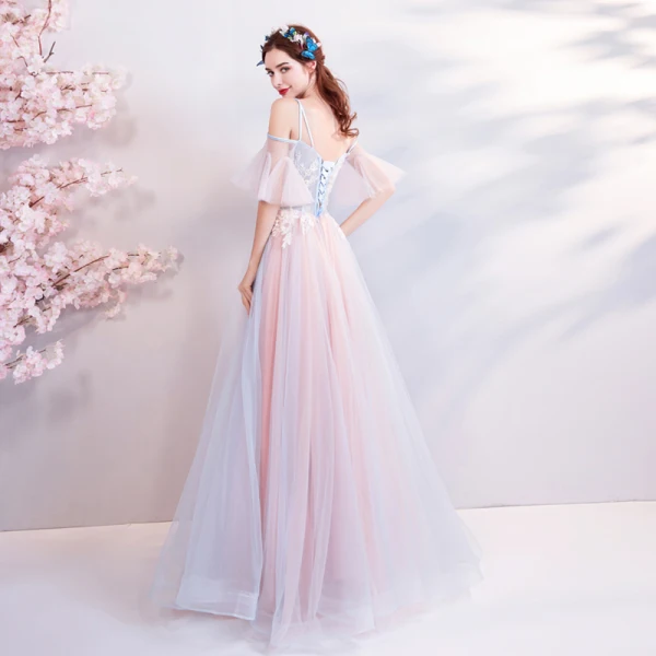 Elegante Himmelblau Pearl Rosa Abendkleider 2018 A Linie Spaghettiträger Bandeau 1/2 Ärmel Applikationen Spitze Perle Strass Lange Rüschen Rückenfreies