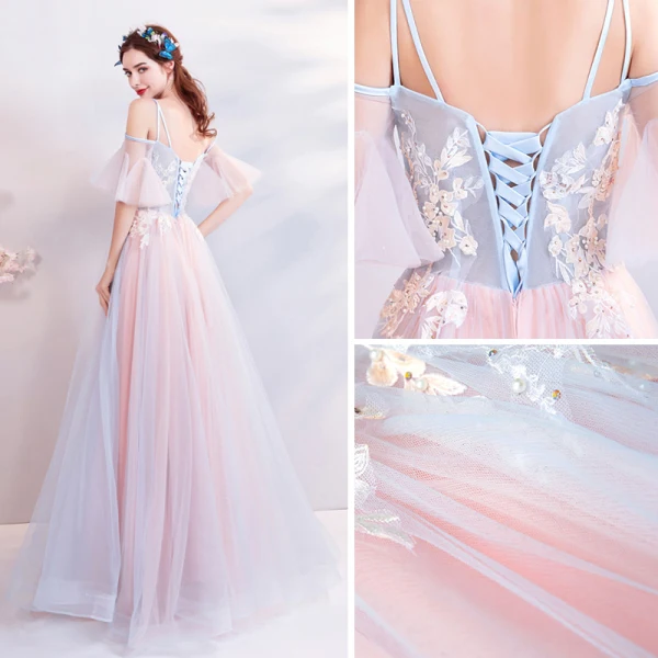 Elegante Himmelblau Pearl Rosa Abendkleider 2018 A Linie Spaghettiträger Bandeau 1/2 Ärmel Applikationen Spitze Perle Strass Lange Rüschen Rückenfreies