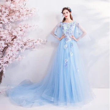 Elegant Sky Blue Evening Dresses 2018 A Line Princess Square Neckline 3 4 Sleeve Embroidered Appliques Lace Rhinestone Chapel Train Ruffle Backless Formal Dresses