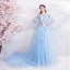 Élégant Bleu Ciel Robe De Soirée 2018 Princesse Encolure Carrée 3/4 Manches Brodé Appliques En Dentelle Faux Diamant Chapel Train Volants Dos Nu Robe De Ceremonie