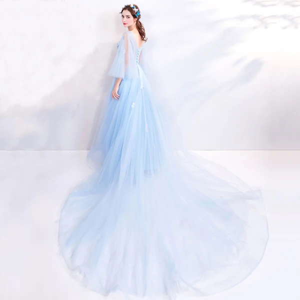 Élégant Bleu Ciel Robe De Soirée 2018 Princesse Encolure Carrée 3/4 Manches Brodé Appliques En Dentelle Faux Diamant Chapel Train Volants Dos Nu Robe De Ceremonie