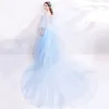 Eleganckie Błękitne Sukienki Wieczorowe 2018 Princessa Kwadratowy Dekolt 3/4 Rękawy Haftowane Aplikacje Z Koronki Rhinestone Trenem Kaplica Wzburzyć Bez Pleców Sukienki Wizytowe