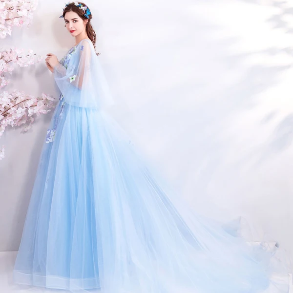 Élégant Bleu Ciel Robe De Soirée 2018 Princesse Encolure Carrée 3/4 Manches Brodé Appliques En Dentelle Faux Diamant Chapel Train Volants Dos Nu Robe De Ceremonie