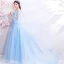 Élégant Bleu Ciel Robe De Soirée 2018 Princesse Encolure Carrée 3/4 Manches Brodé Appliques En Dentelle Faux Diamant Chapel Train Volants Dos Nu Robe De Ceremonie