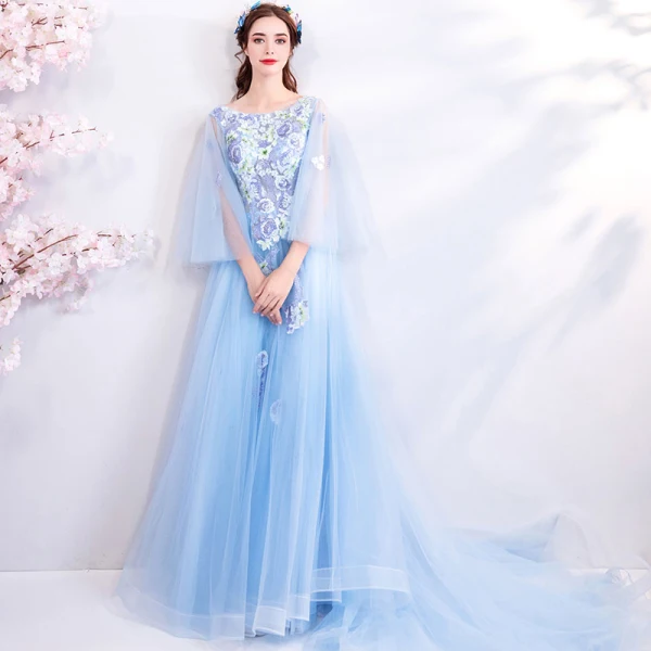 Élégant Bleu Ciel Robe De Soirée 2018 Princesse Encolure Carrée 3/4 Manches Brodé Appliques En Dentelle Faux Diamant Chapel Train Volants Dos Nu Robe De Ceremonie