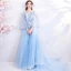 Élégant Bleu Ciel Robe De Soirée 2018 Princesse Encolure Carrée 3/4 Manches Brodé Appliques En Dentelle Faux Diamant Chapel Train Volants Dos Nu Robe De Ceremonie