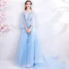 Elegant Sky Blue Evening Dresses  2018 A-Line / Princess Square Neckline 3/4 Sleeve Embroidered Appliques Lace Rhinestone Chapel Train Ruffle Backless Formal Dresses